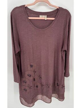 Logo by Lori Goldstein Purple Floral Applique Tunic Top 3/4 Sleeves Size M